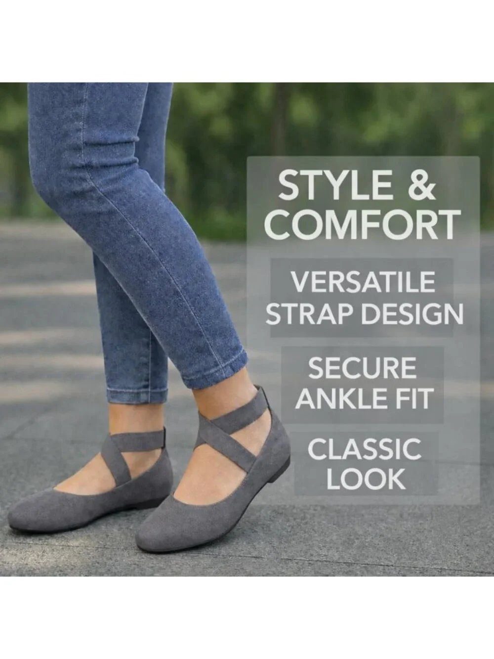Women's Grey Leather Closed Toe Criss Cross Elastic Strap Casual Flat Shoes